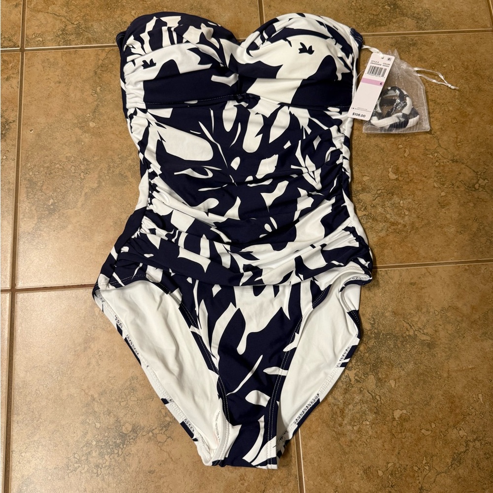 Anne Cole Navy and White Leaf Print Swimsuit